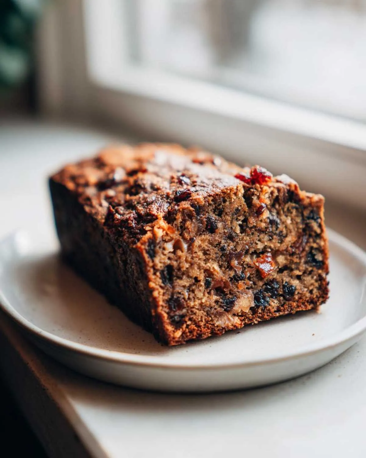 A close-up of a moist slice of homemade fruit cake, rich with dried fruits and nuts, resting on a small white plate.