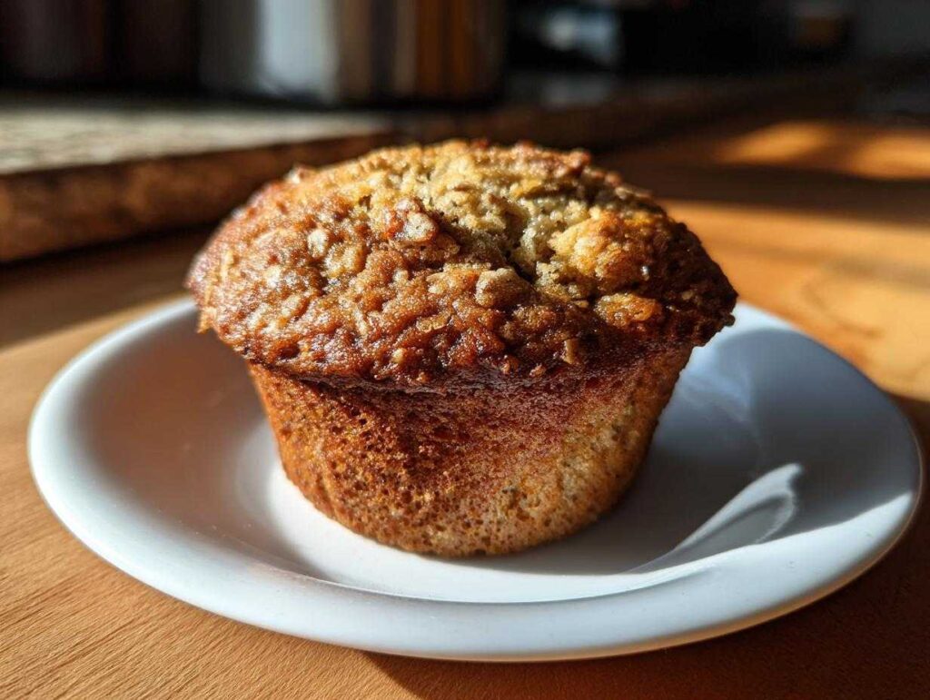 A single, golden-brown oatmeal muffin with a textured, sugary top sitting on a small white plate.