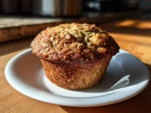 A single, golden-brown oatmeal muffin with a textured, sugary top sitting on a small white plate.