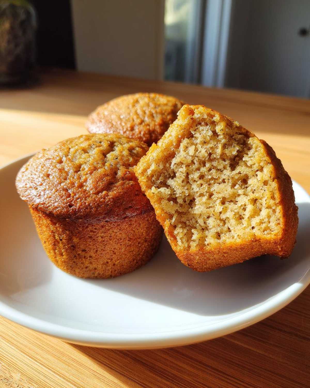 Close-up of moist oatmeal muffins, one split open showing the soft, textured interior.