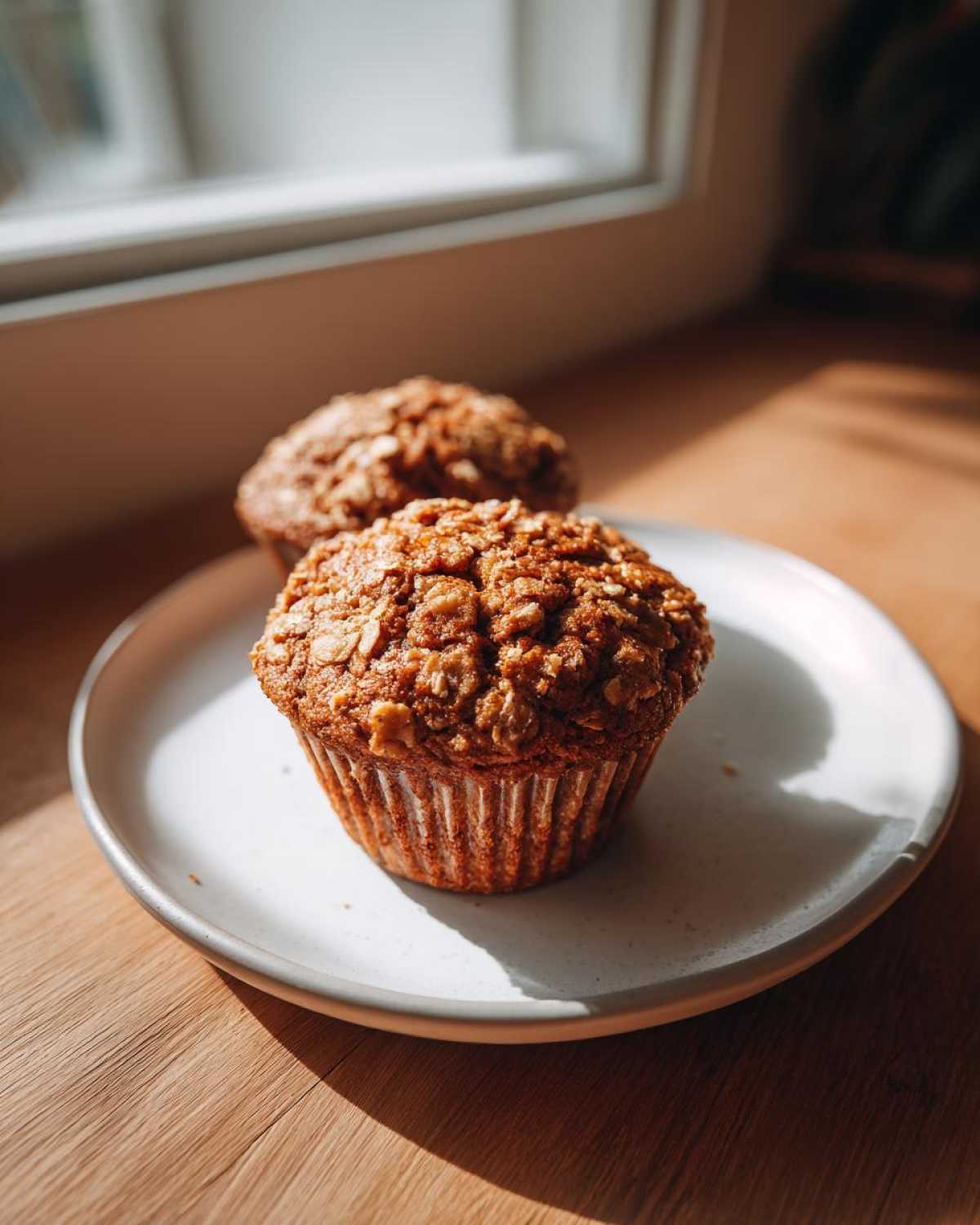 Two moist oatmeal muffins with visible oat topping resting on a light ceramic plate near a sunny window.