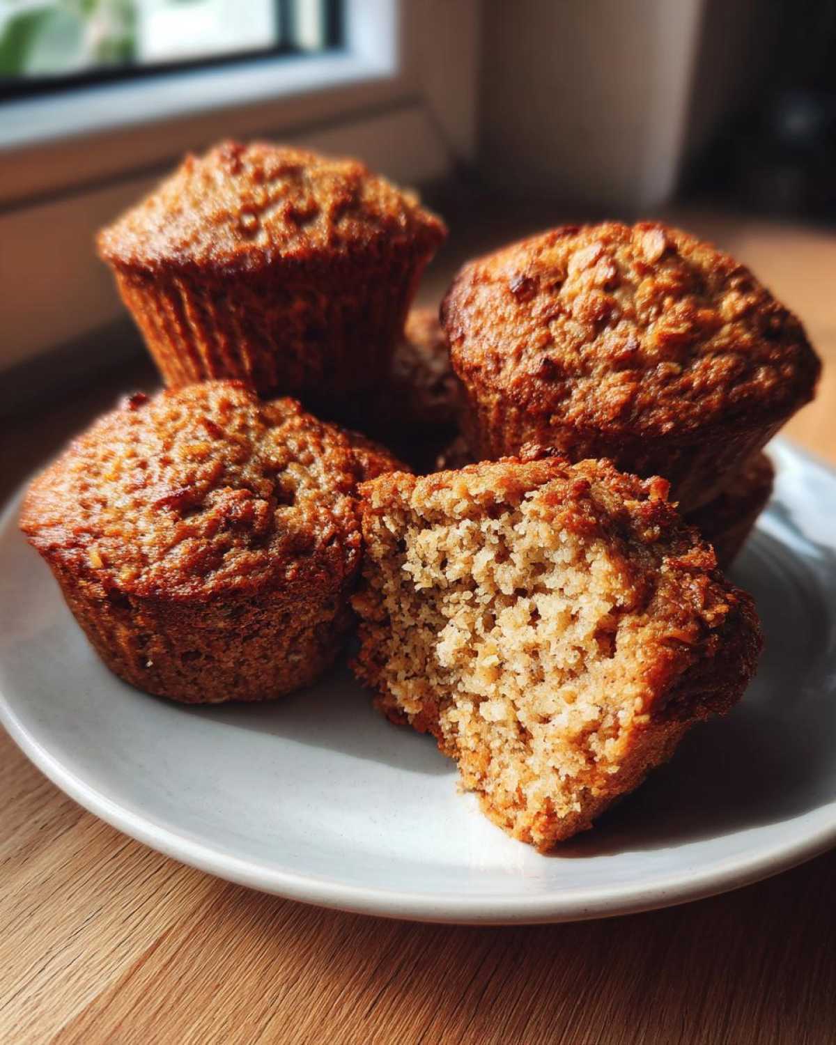 Close-up of several moist oatmeal muffins on a plate, one broken open showing the texture.