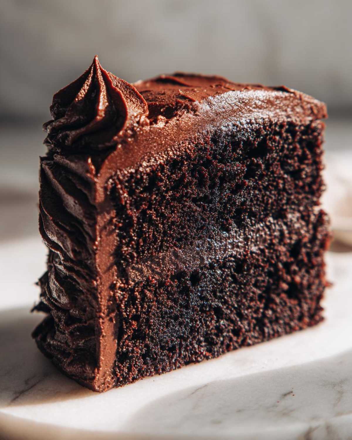 Close-up of a moist, dark slice of chocolate cake recipe with thick chocolate frosting.