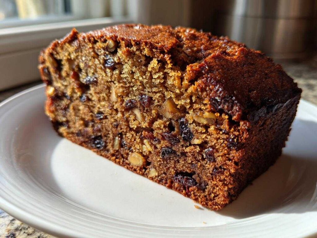 Close-up of a thick slice of moist date nut bread, showing visible dates and walnuts, served on a white plate.