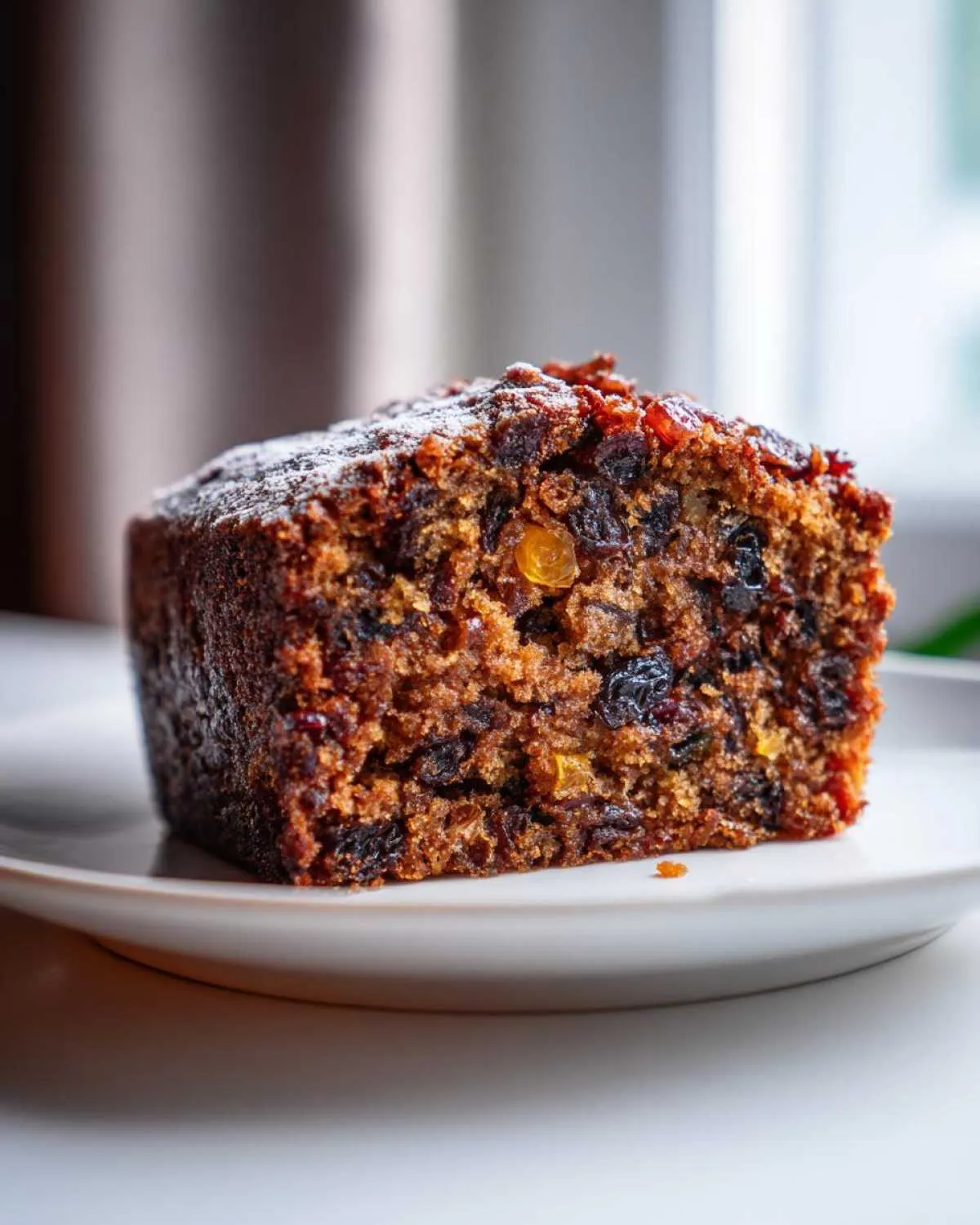 Close-up of a moist slice of fruit cake packed with dark raisins and candied peel, lightly dusted with powdered sugar.
