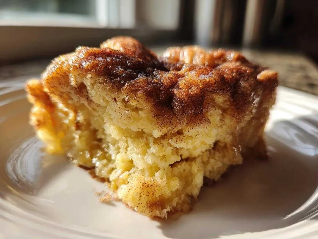 A close-up, sunlit photo of a square slice of moist snickerdoodle cobbler with a rich cinnamon-sugar topping.