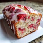 A close-up of a moist strawberry bread loaf topped with sliced strawberries and a white vanilla glaze.