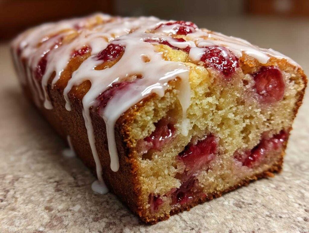 Close-up of a moist strawberry bread loaf drizzled heavily with white vanilla glaze.