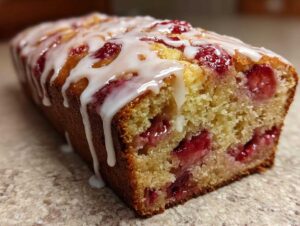 Close-up of a moist strawberry bread loaf drizzled heavily with white vanilla glaze.