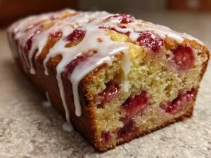 Close-up of a moist strawberry bread loaf drizzled heavily with white vanilla glaze.