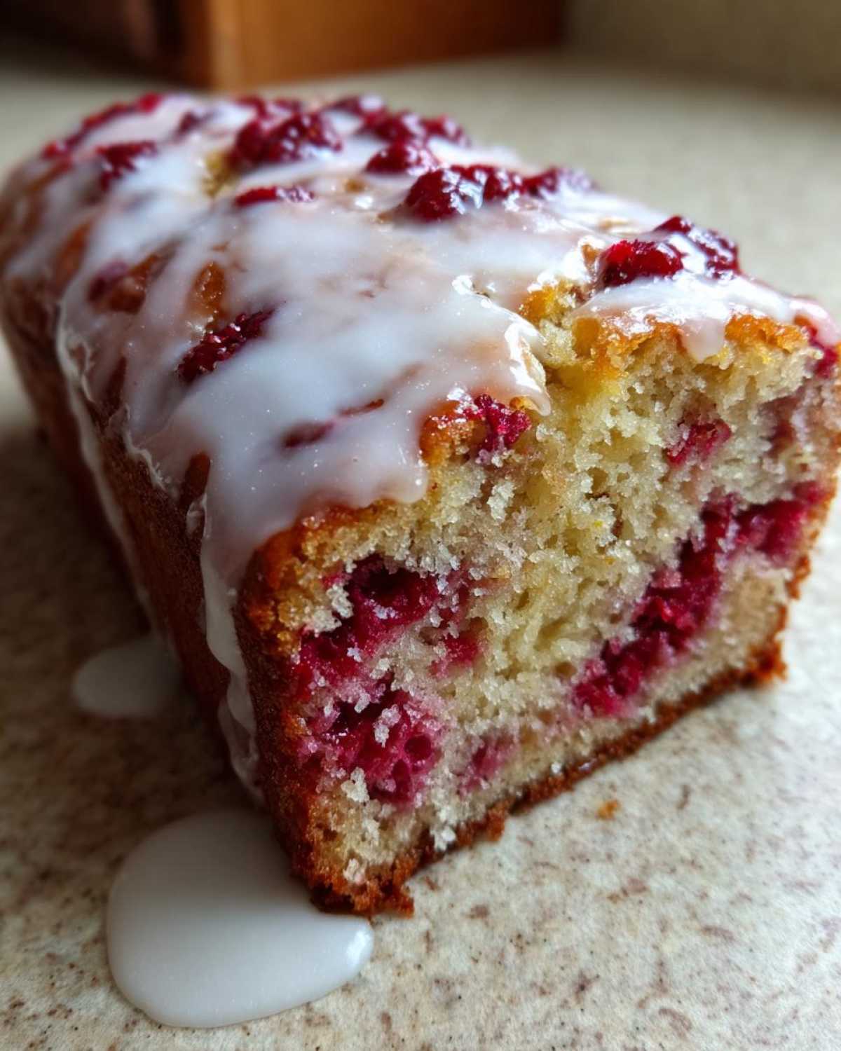 Close-up of a moist strawberry bread slice showing bright red berries baked inside and topped with white vanilla glaze.