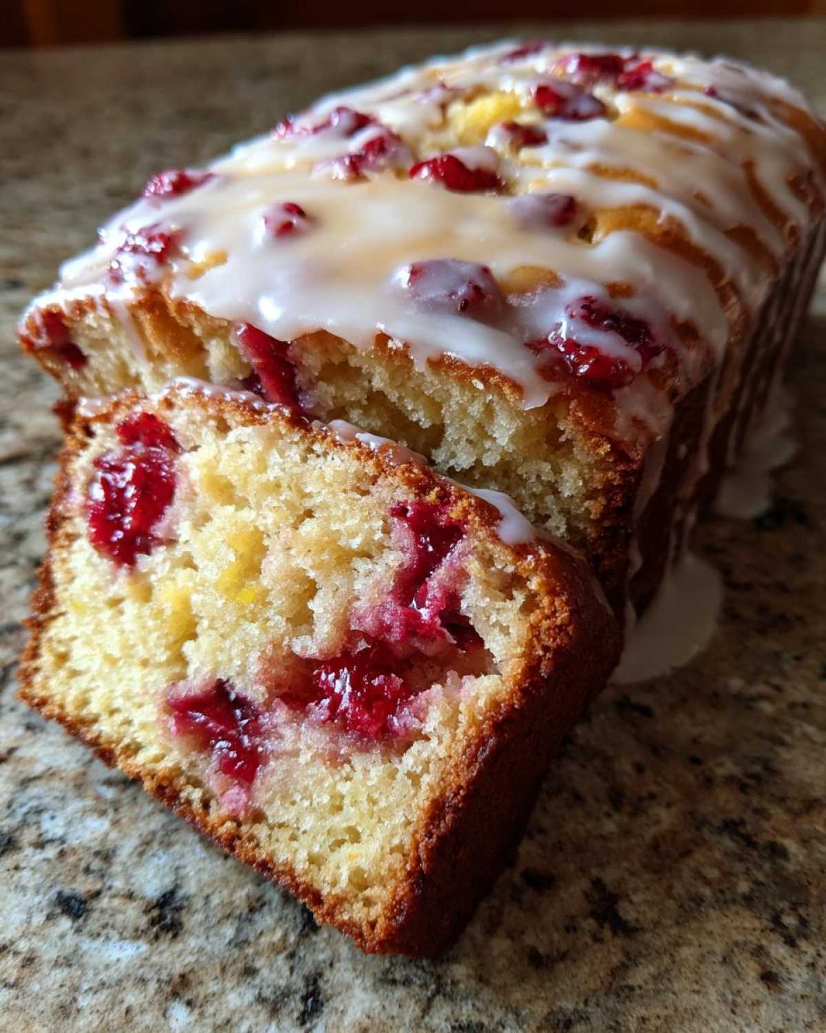 Close-up of a moist strawberry bread loaf with one slice cut, topped with a sweet white glaze and visible red strawberries.