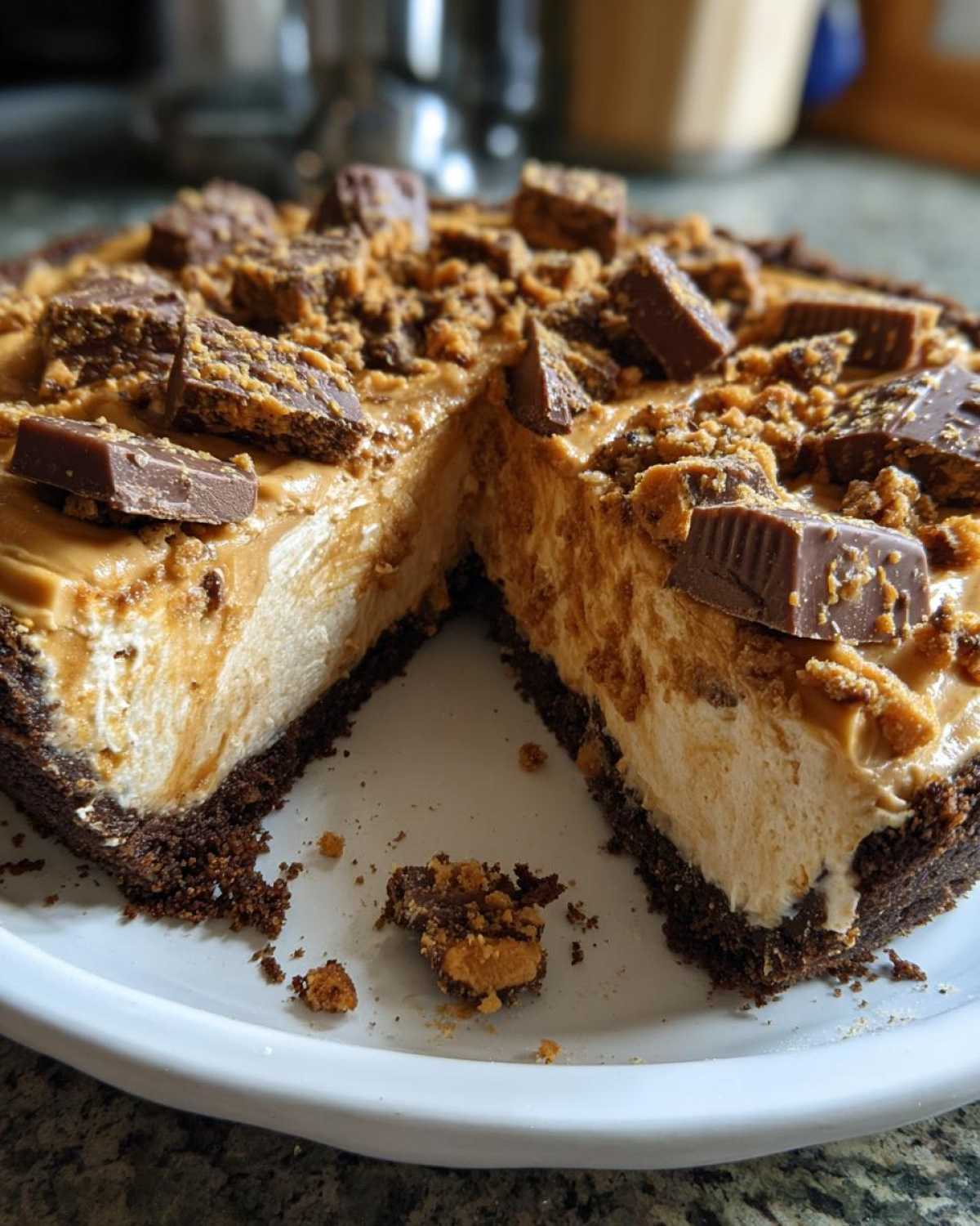 A cross-section view of a rich, creamy no-bake Butterfinger pie with a dark chocolate crust, topped with crushed candy.