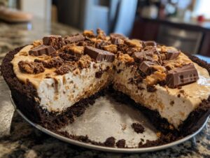 A cross-section view of a rich, no-bake butterfinger pie with a thick chocolate crust and creamy filling topped with candy pieces.