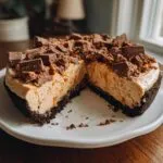 A slice cut from a no-bake butterfinger pie showing a thick, creamy filling and chocolate crust, topped with crushed Butterfinger pieces.