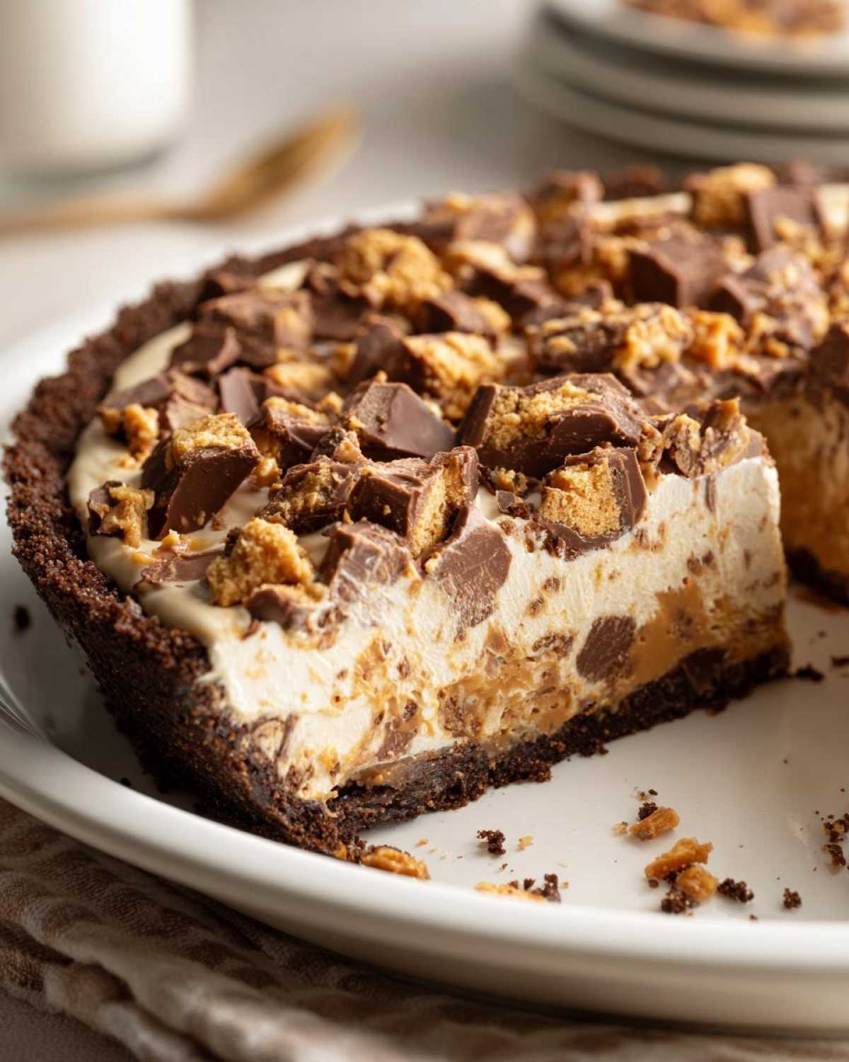 A slice cut from a rich, no-bake Butterfinger pie, showing a creamy filling and chocolate crust topped with chopped Butterfinger pieces.