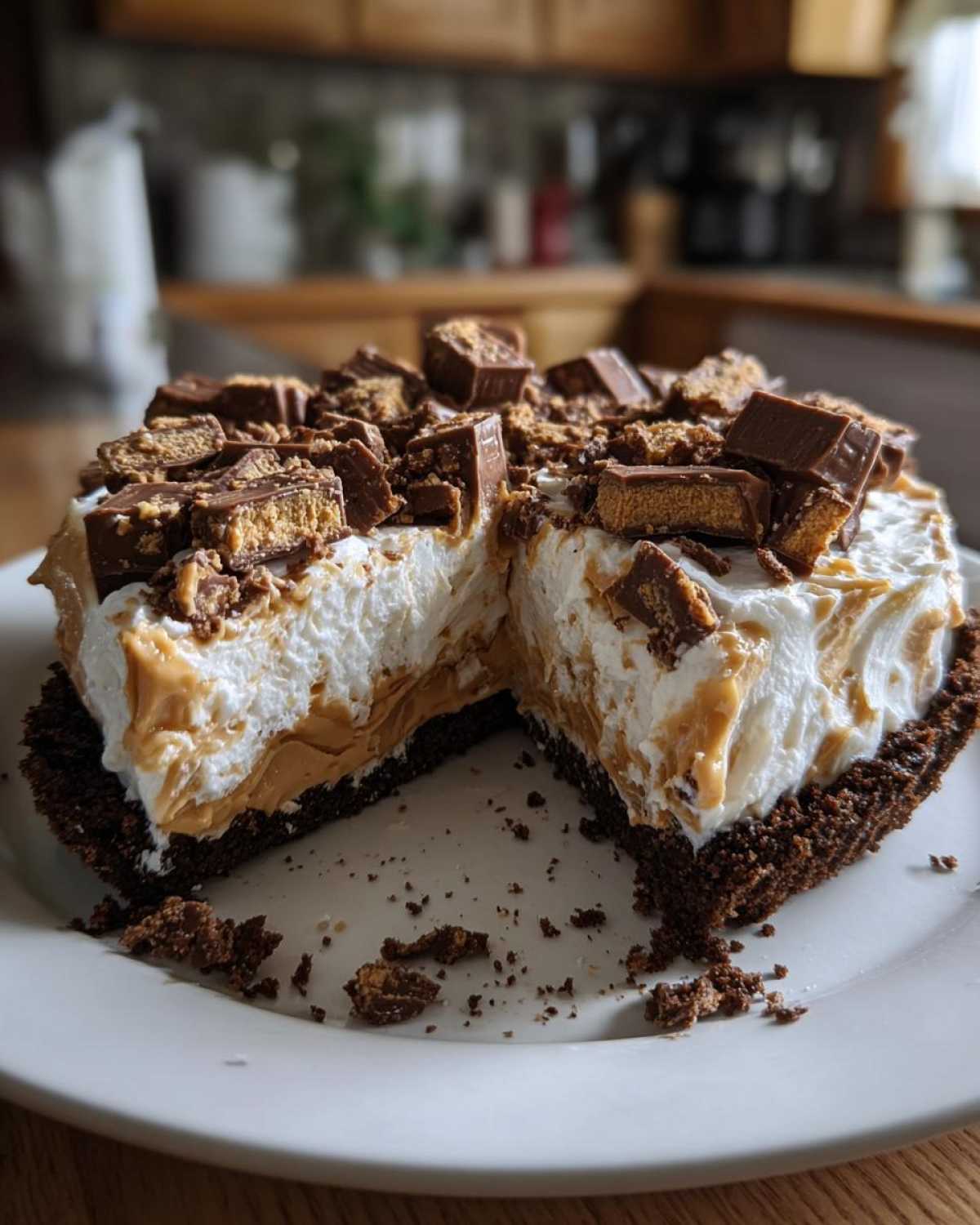 A rich, no-bake Butterfinger pie with a chocolate crust, creamy filling, and topped with chopped Butterfinger pieces.