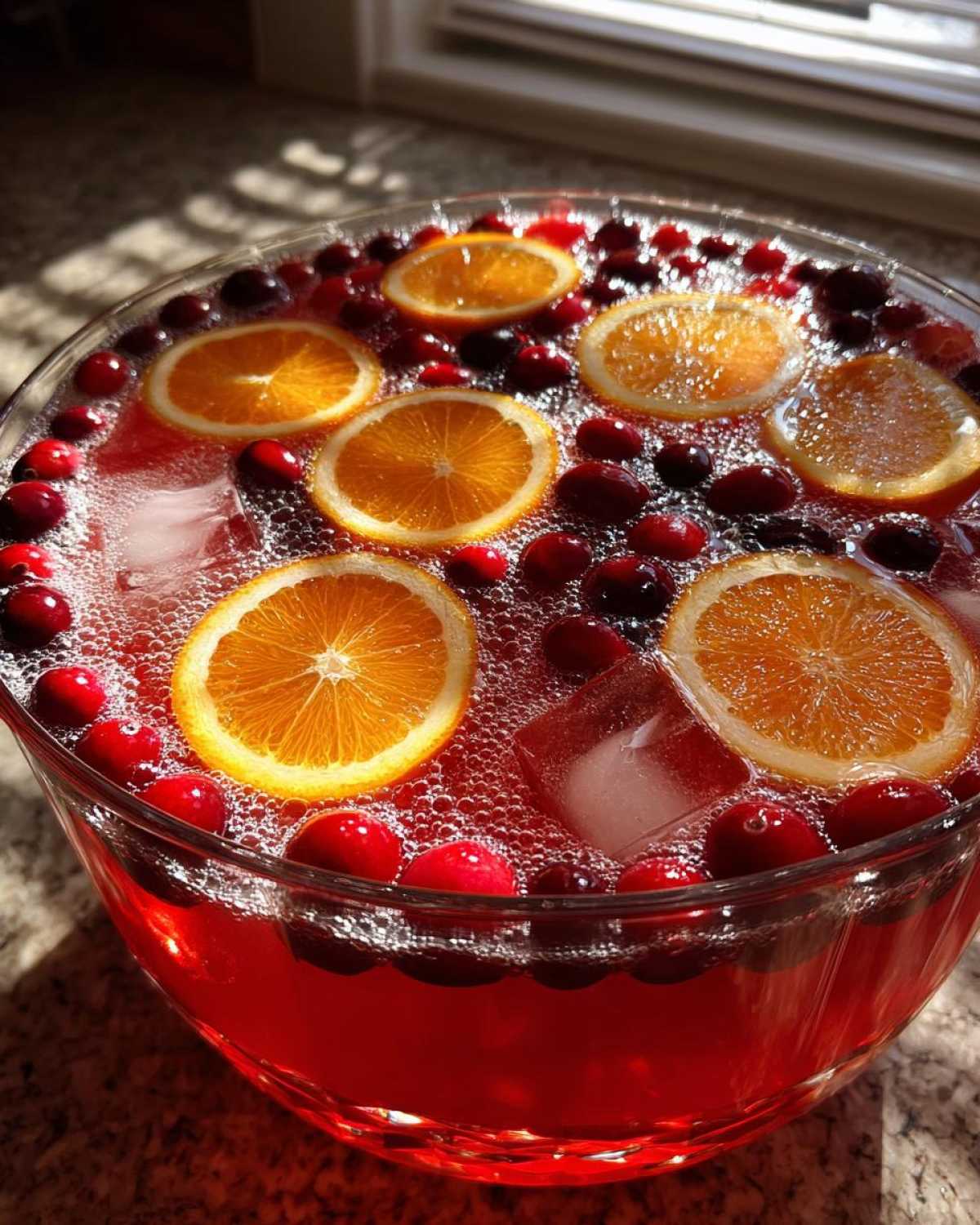 Close-up of a vibrant non-alcoholic Christmas punch in a glass bowl garnished with orange slices and fresh cranberries.