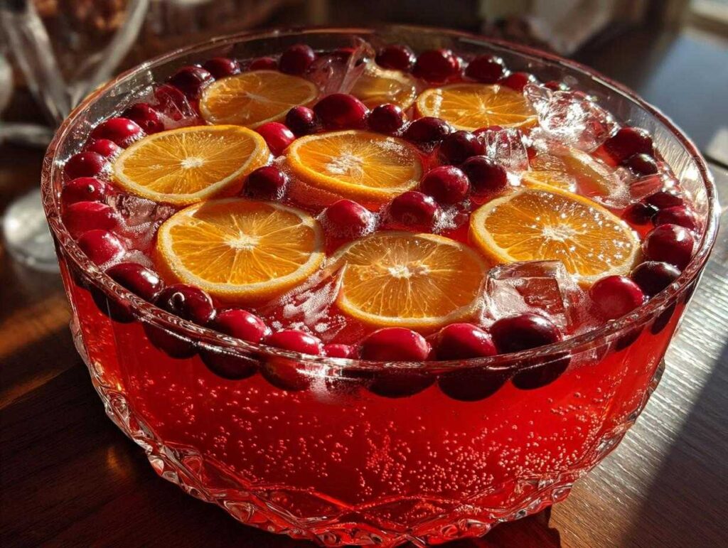 Close-up of a vibrant red non-alcoholic christmas punch garnished with orange slices and fresh cranberries.