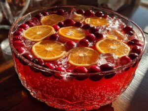 Close-up of a vibrant red non-alcoholic christmas punch garnished with orange slices and fresh cranberries.