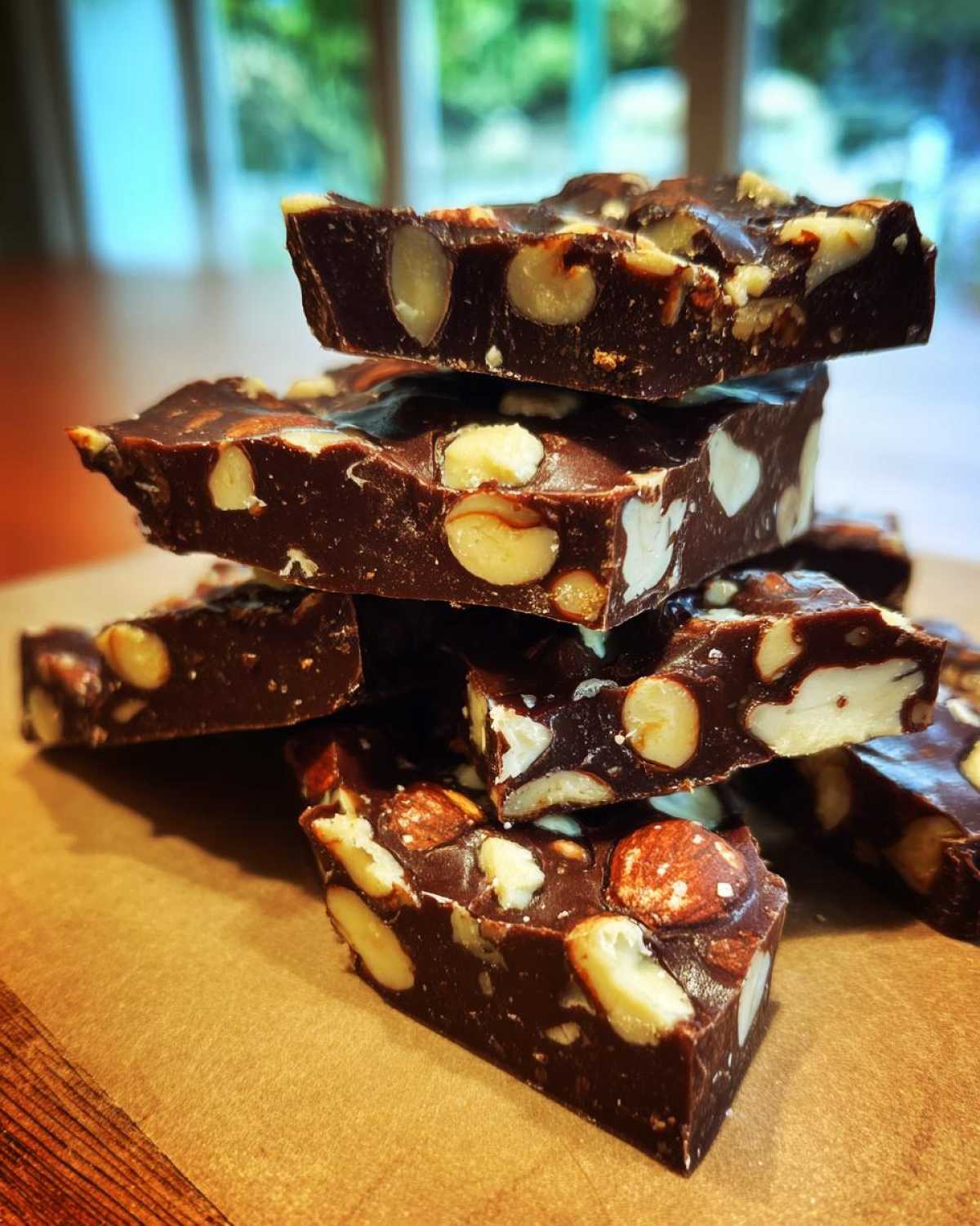 Stack of rich, dark chocolate pieces loaded with whole almonds, representing the easy 12-minute toffee recipe.