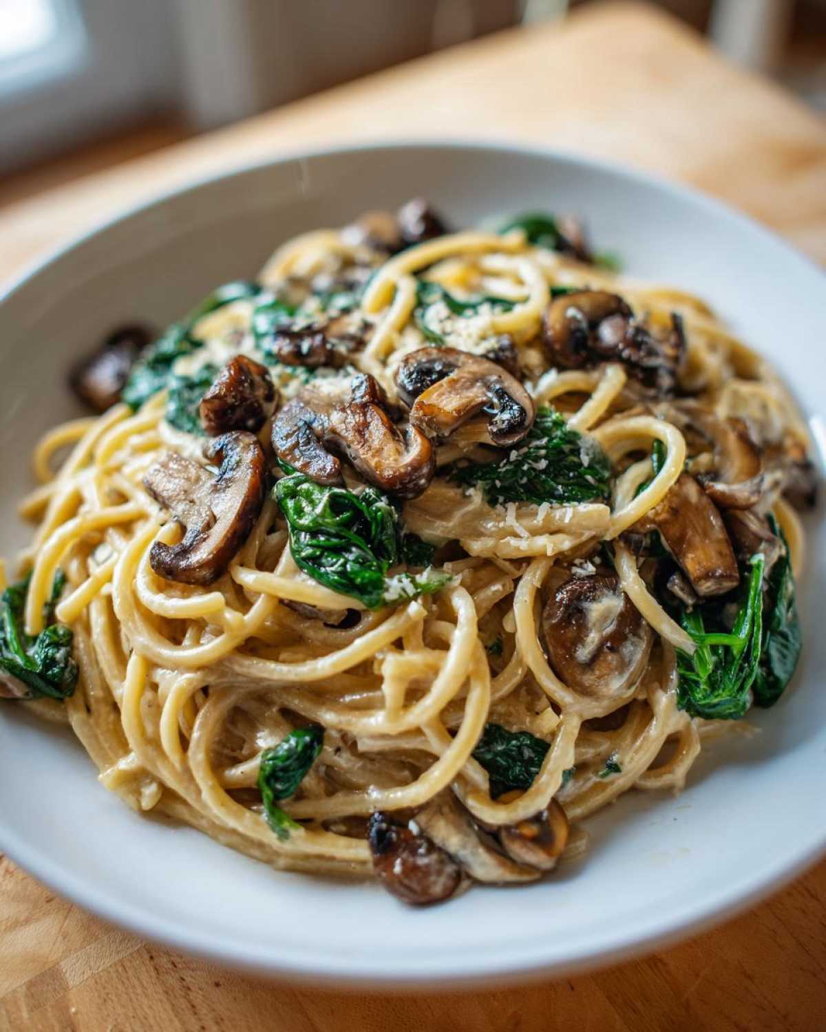 Close-up of creamy mushroom pasta tossed with wilted spinach and topped with grated cheese.