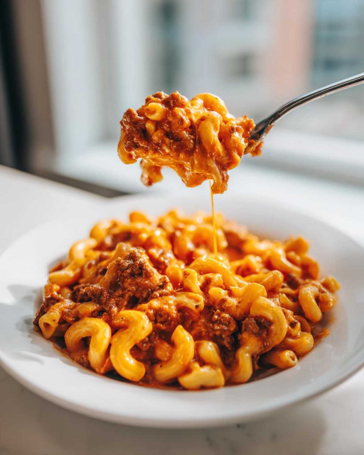 A fork lifting a cheesy, meaty scoop of one-pot taco pasta above a white plate.
