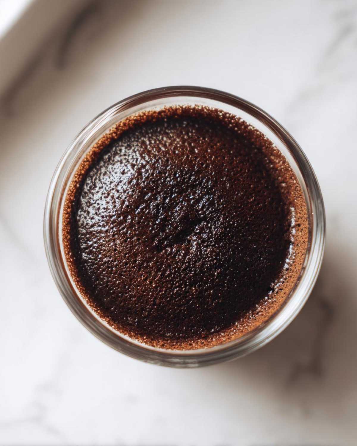 Overhead view of rich, dark homemade chocolate pudding with a slightly textured top in a clear glass.