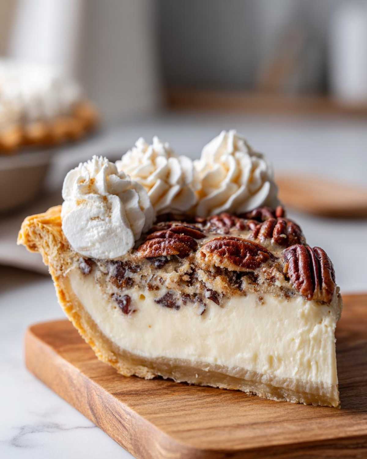 A close-up of a decadent slice of pecan cream pie featuring a thick, creamy filling and whole pecans, topped with swirls of whipped cream.