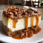 A close-up of a rich slice of pecan pie cheesecake topped with sticky pecans and dripping caramel sauce.
