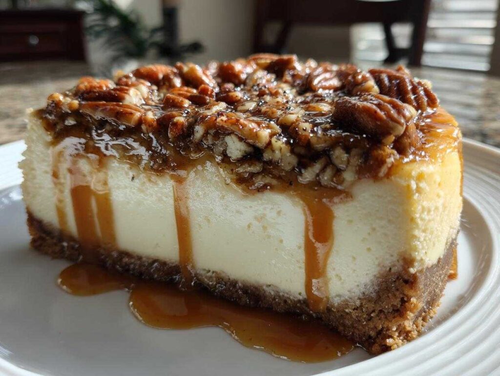 A close-up of a rich slice of pecan pie cheesecake topped with candied pecans and dripping caramel sauce.