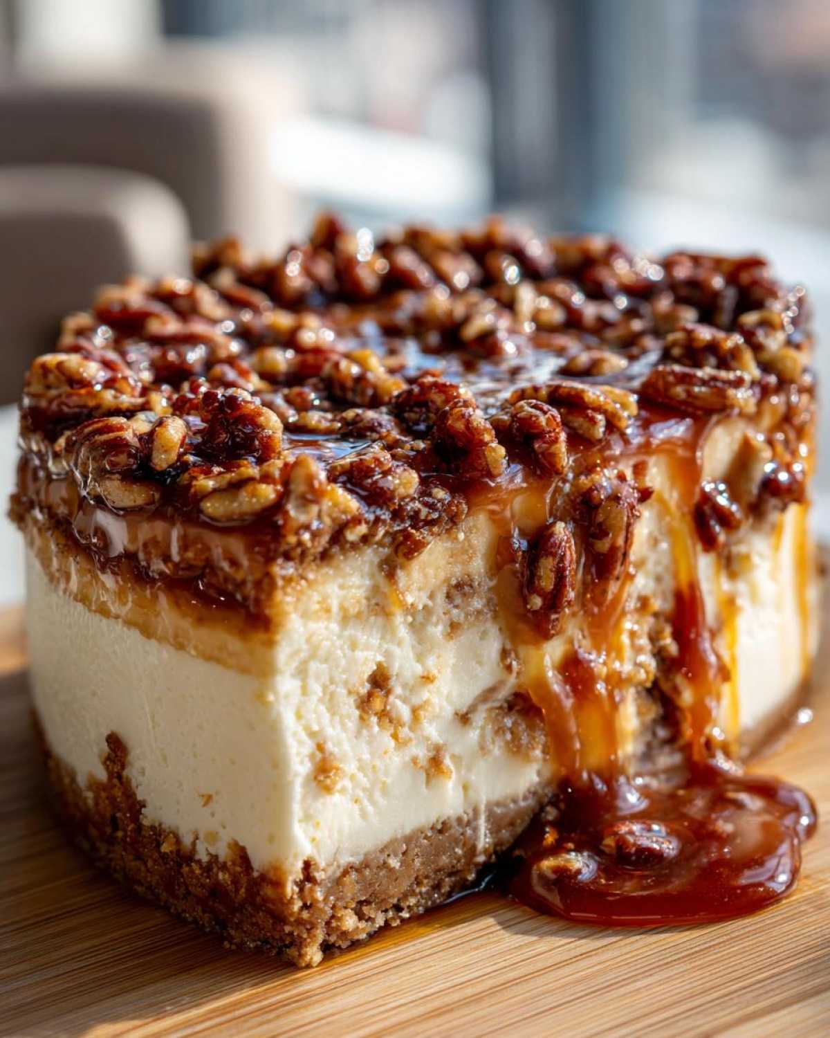 Close-up of a rich slice of pecan pie cheesecake topped with candied pecans and dripping caramel sauce.