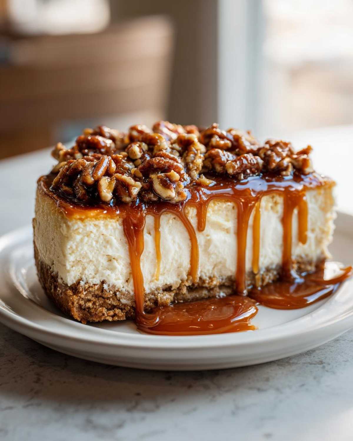 A decadent slice of pecan pie cheesecake topped with candied pecans and dripping caramel sauce.