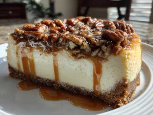 A close-up of a rich slice of pecan pie cheesecake topped with candied pecans and dripping caramel sauce.