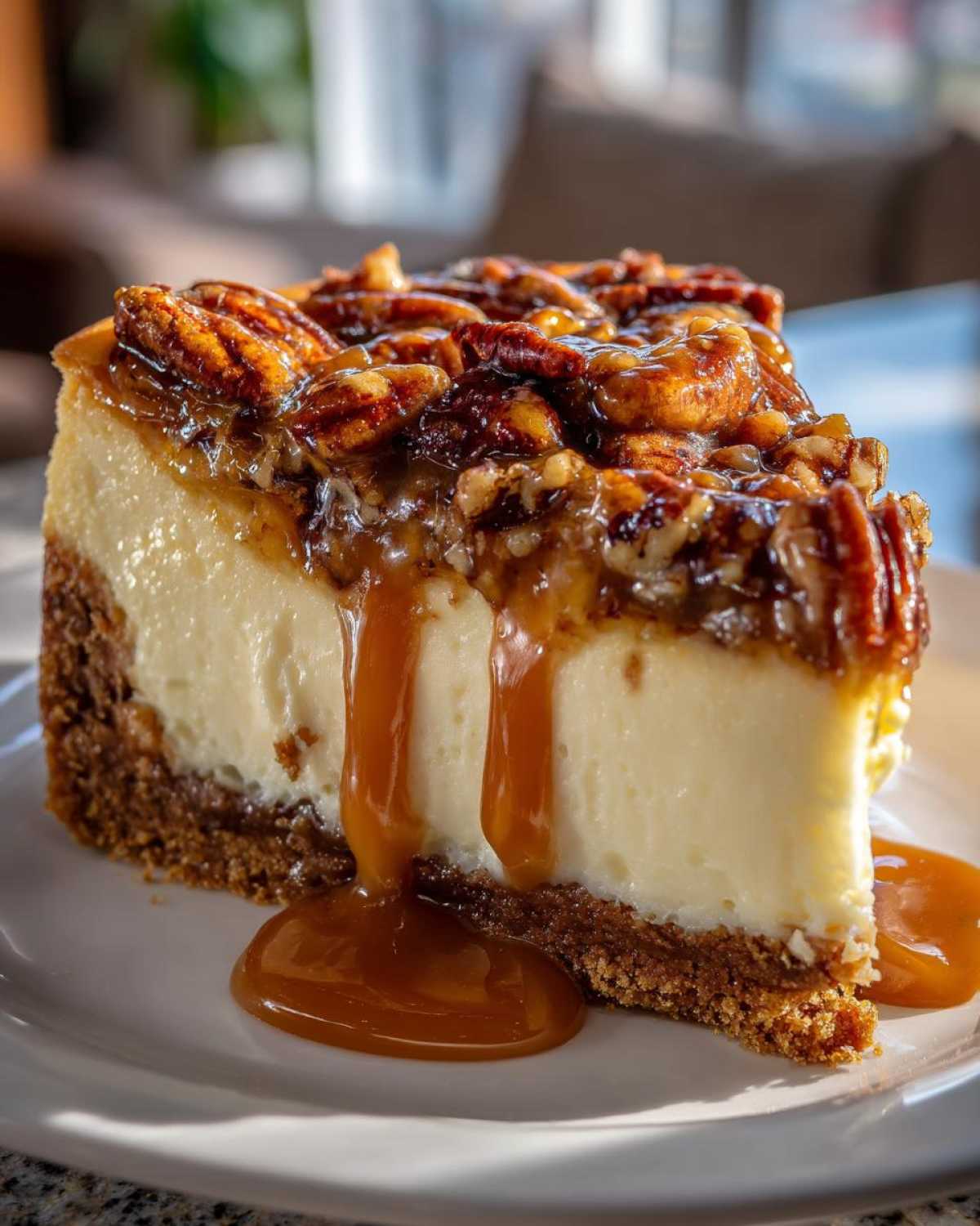 A decadent slice of pecan pie cheesecake topped with glazed pecans and dripping with caramel sauce.