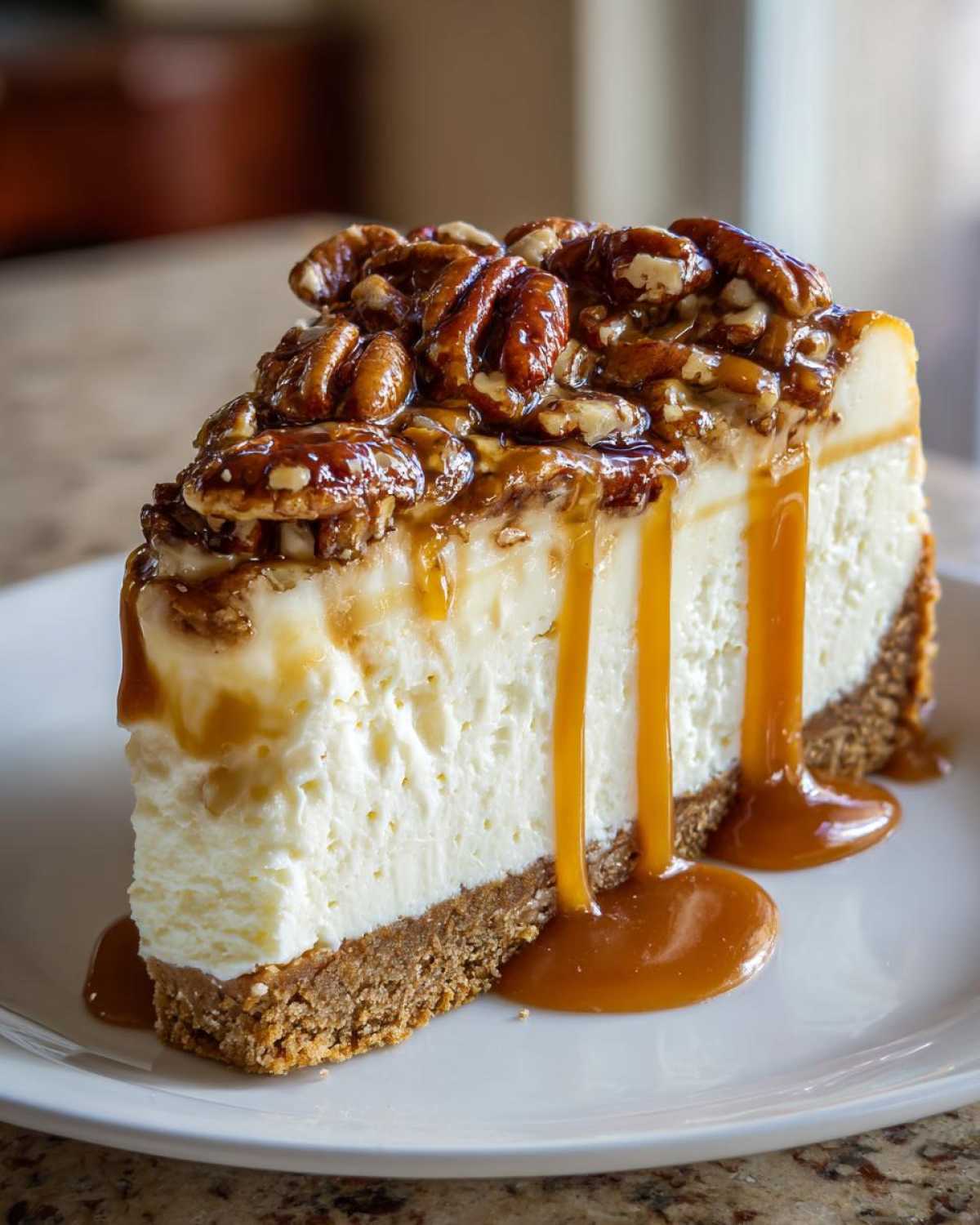 A decadent slice of pecan pie cheesecake topped with candied pecans and dripping with caramel sauce.