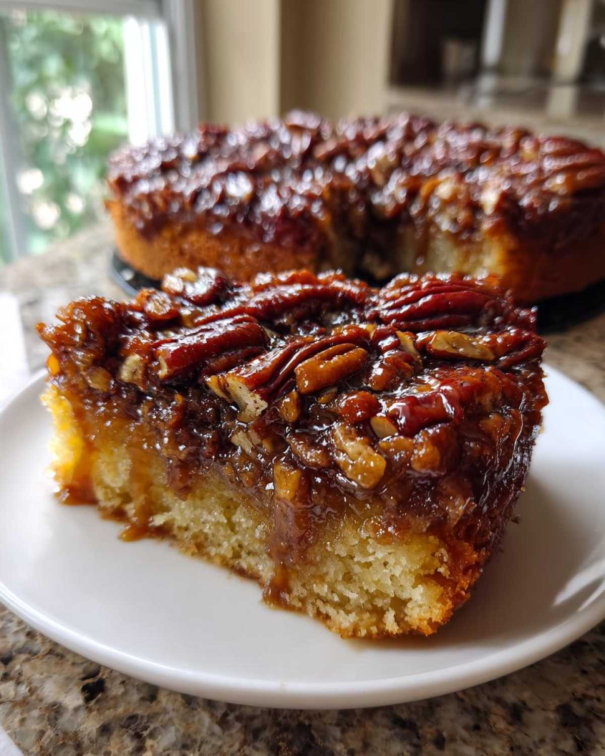 A close-up slice of moist pecan upside down cake with a thick, glossy caramel pecan topping.