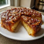 A slice cut from a moist pecan upside down cake, showing the sticky caramel topping and tender crumb.