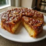 A slice cut from a moist pecan upside down cake, showing the sticky caramel topping and tender crumb.