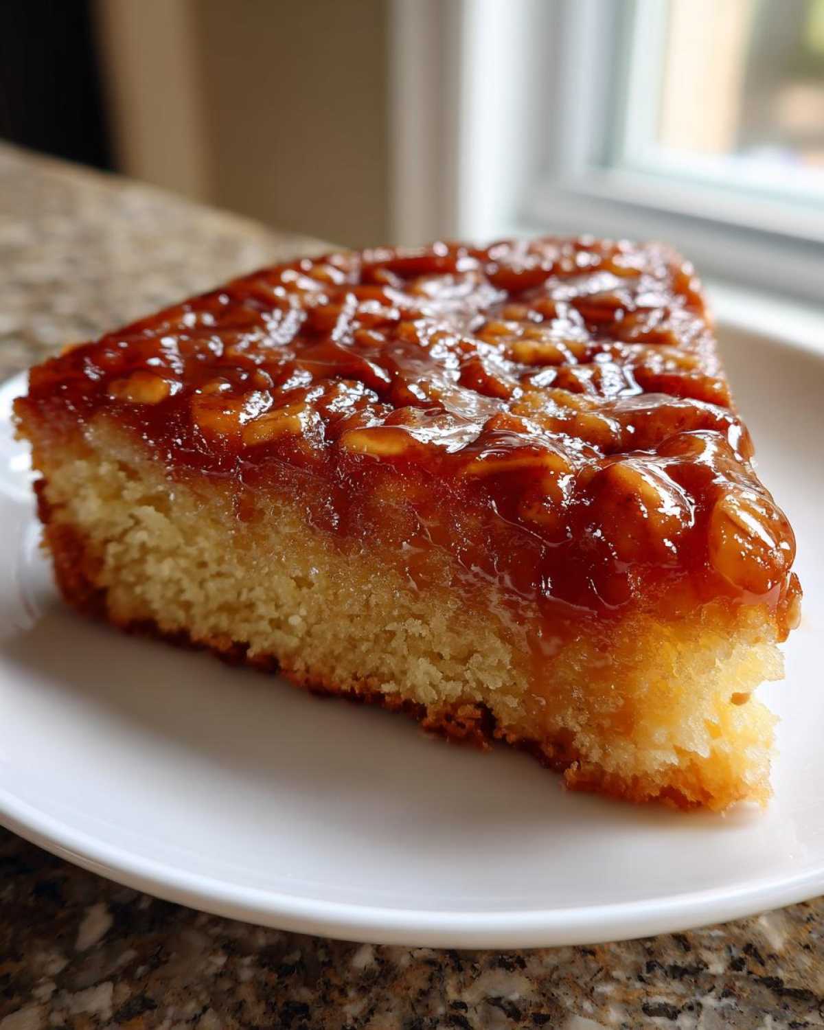 A close-up slice of pecan upside down cake with a thick, glossy caramel topping on a white plate.