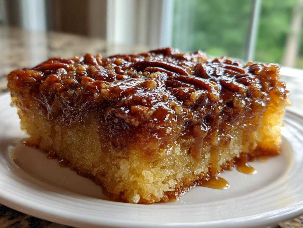 A close-up of a moist slice of pecan upside down cake with a gooey, caramelized pecan topping dripping down the side.