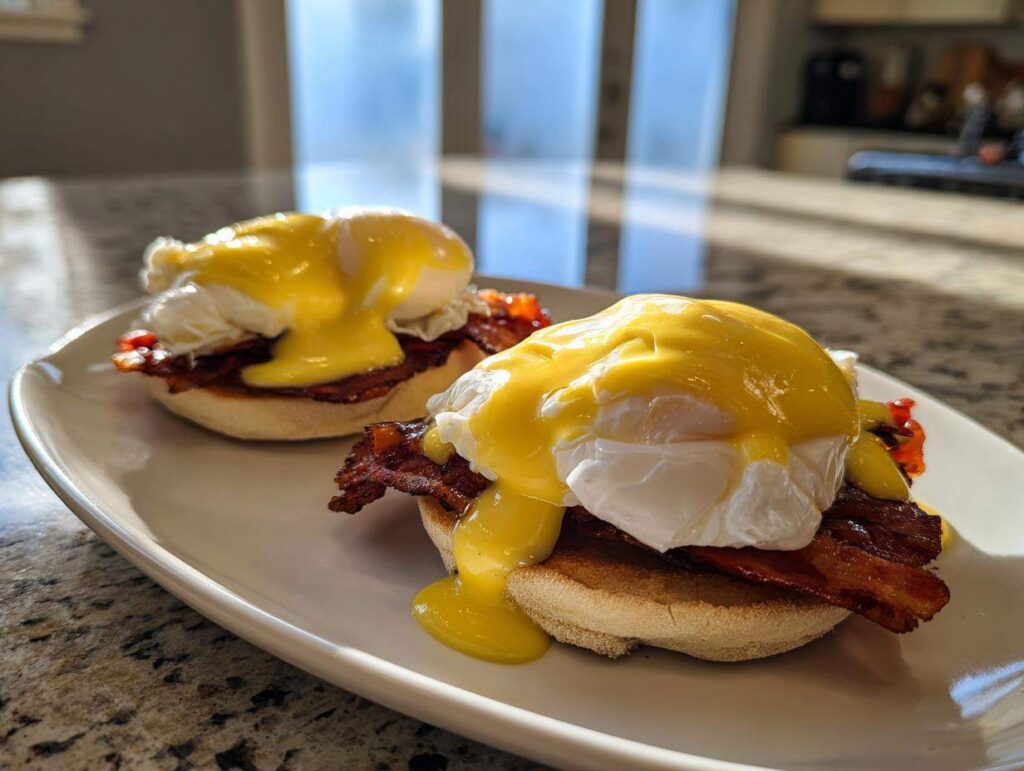 Two servings of eggs benedict featuring poached eggs, crispy bacon, and bright yellow hollandaise sauce on English muffins.