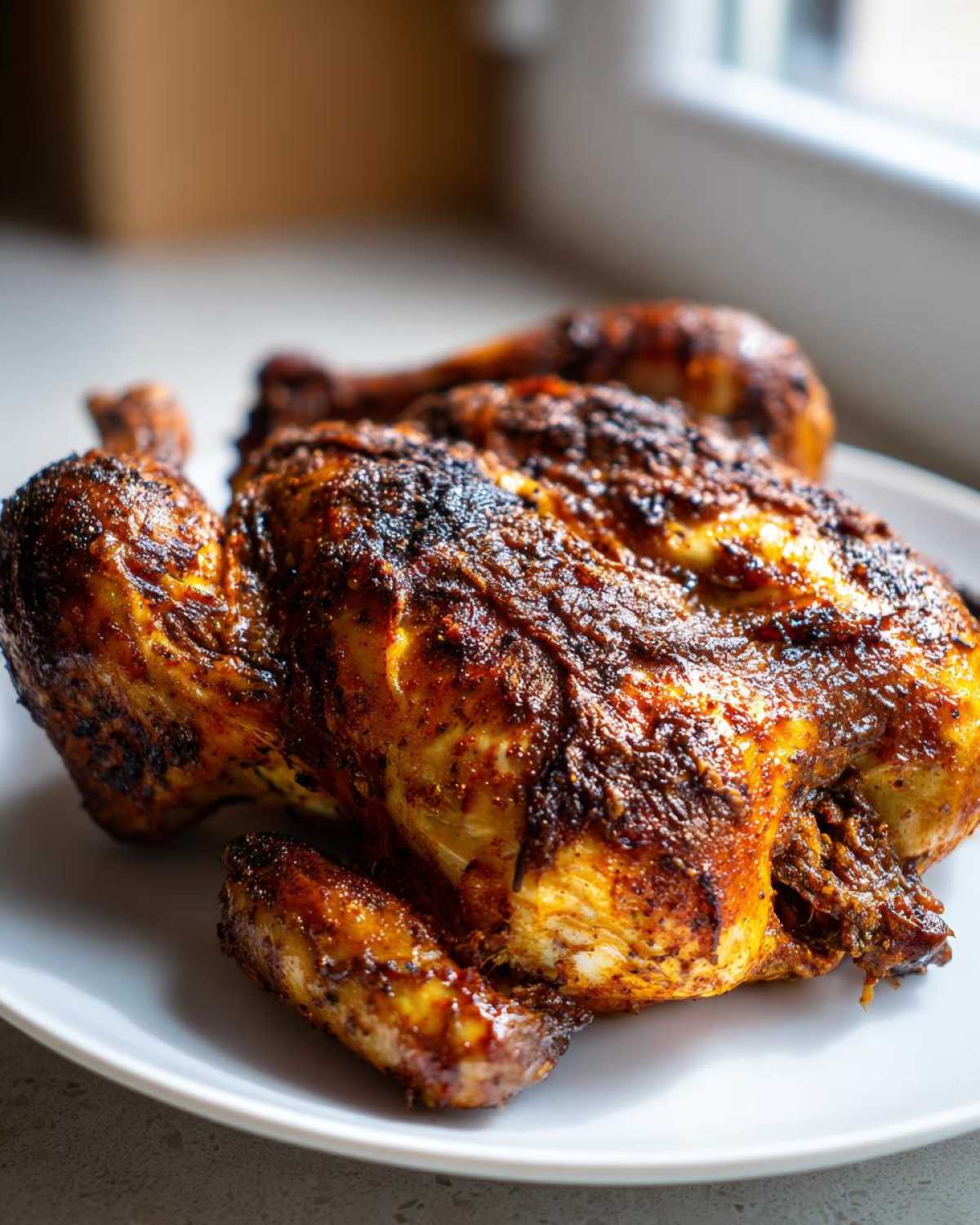 A whole, perfectly roasted spatchcock chicken with dark, crispy, seasoned skin resting on a white plate.