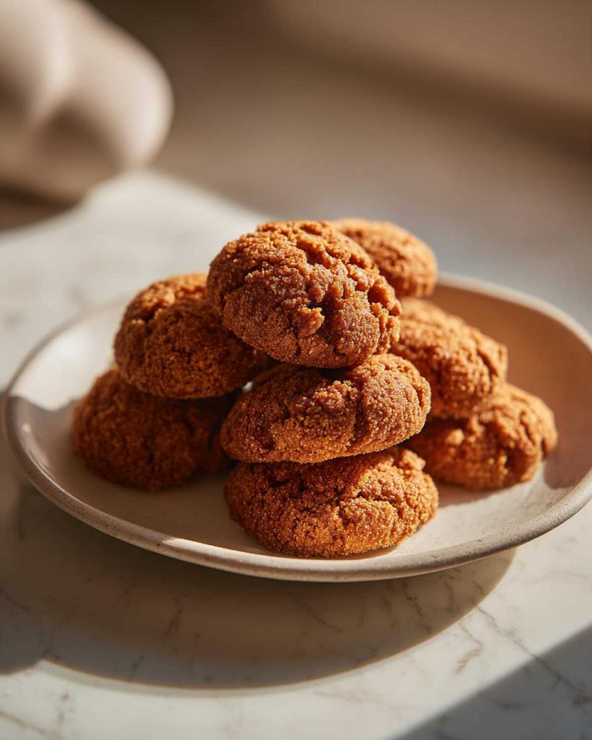 A stack of freshly baked, crinkly persimmon cookies piled high on a small, light-colored ceramic plate.