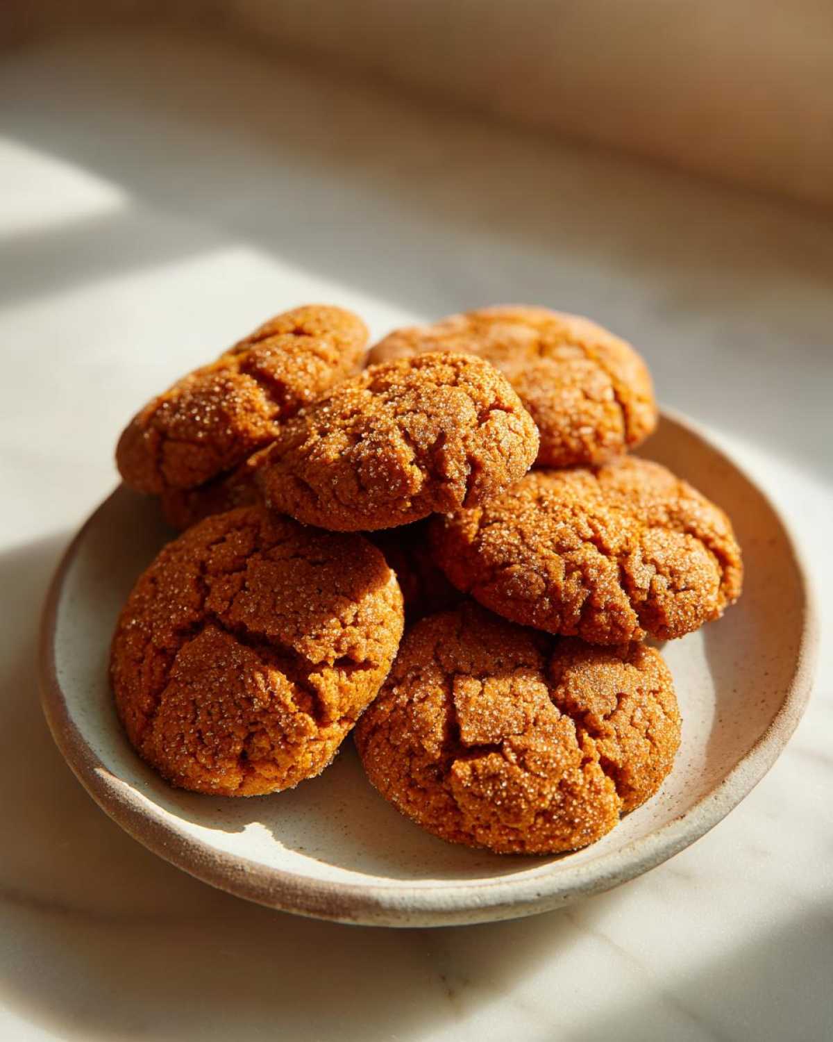 A small stack of freshly baked, crinkled persimmon cookies coated in sugar, resting on a ceramic plate.
