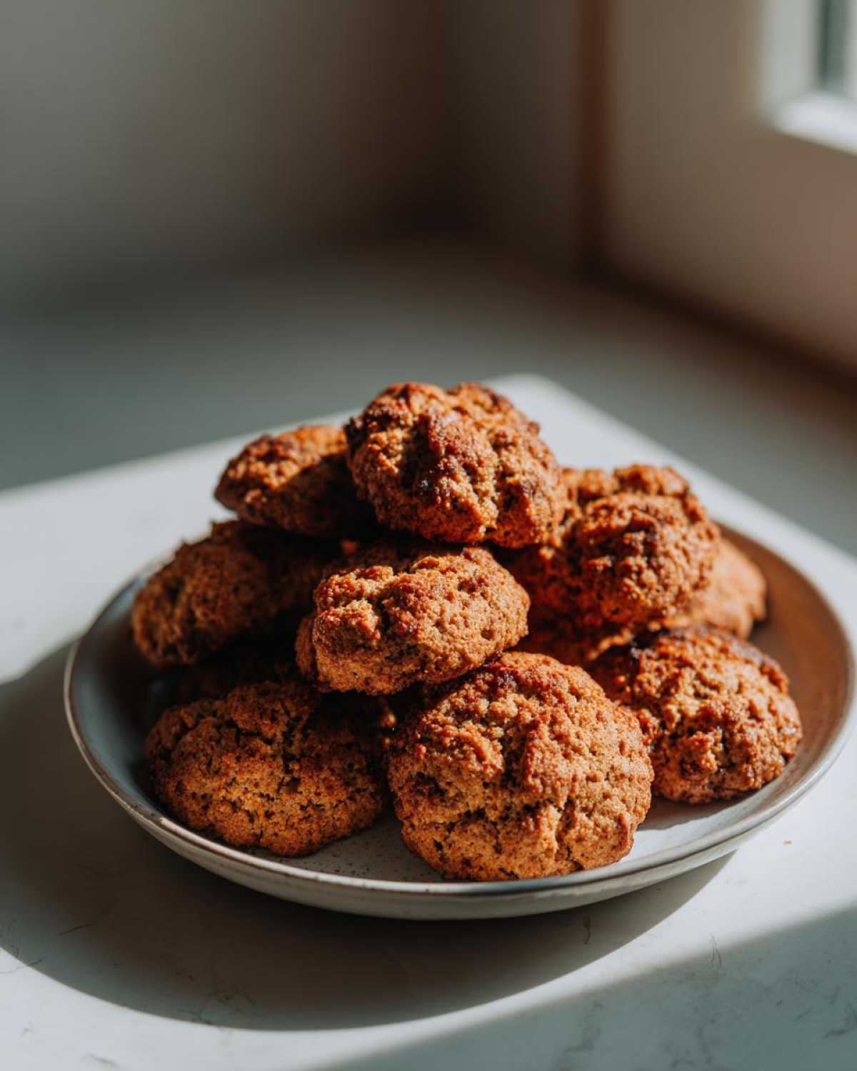 A stack of golden brown, textured persimmon cookies piled high on a light gray plate.