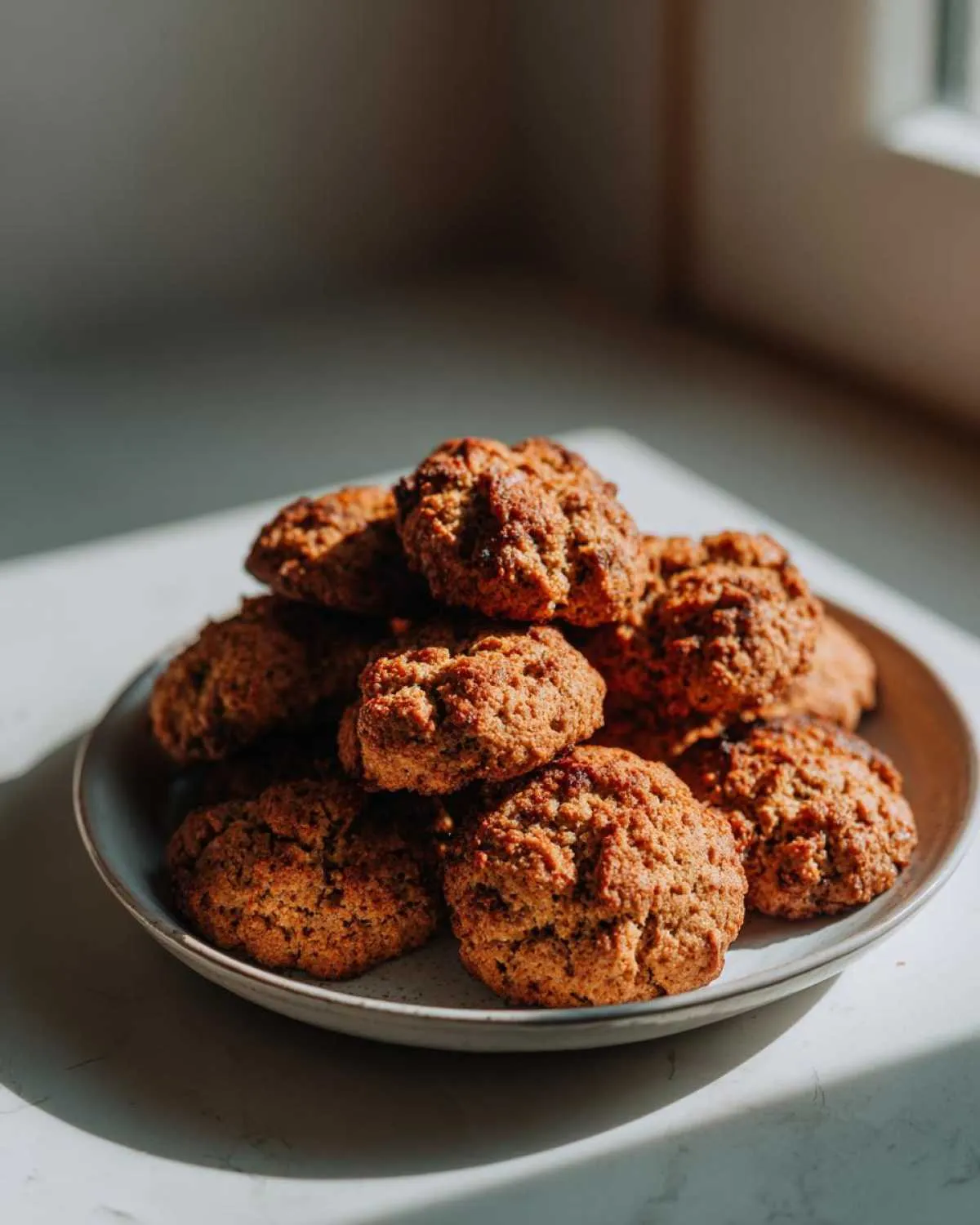 A stack of golden brown, textured persimmon cookies piled high on a light gray plate.