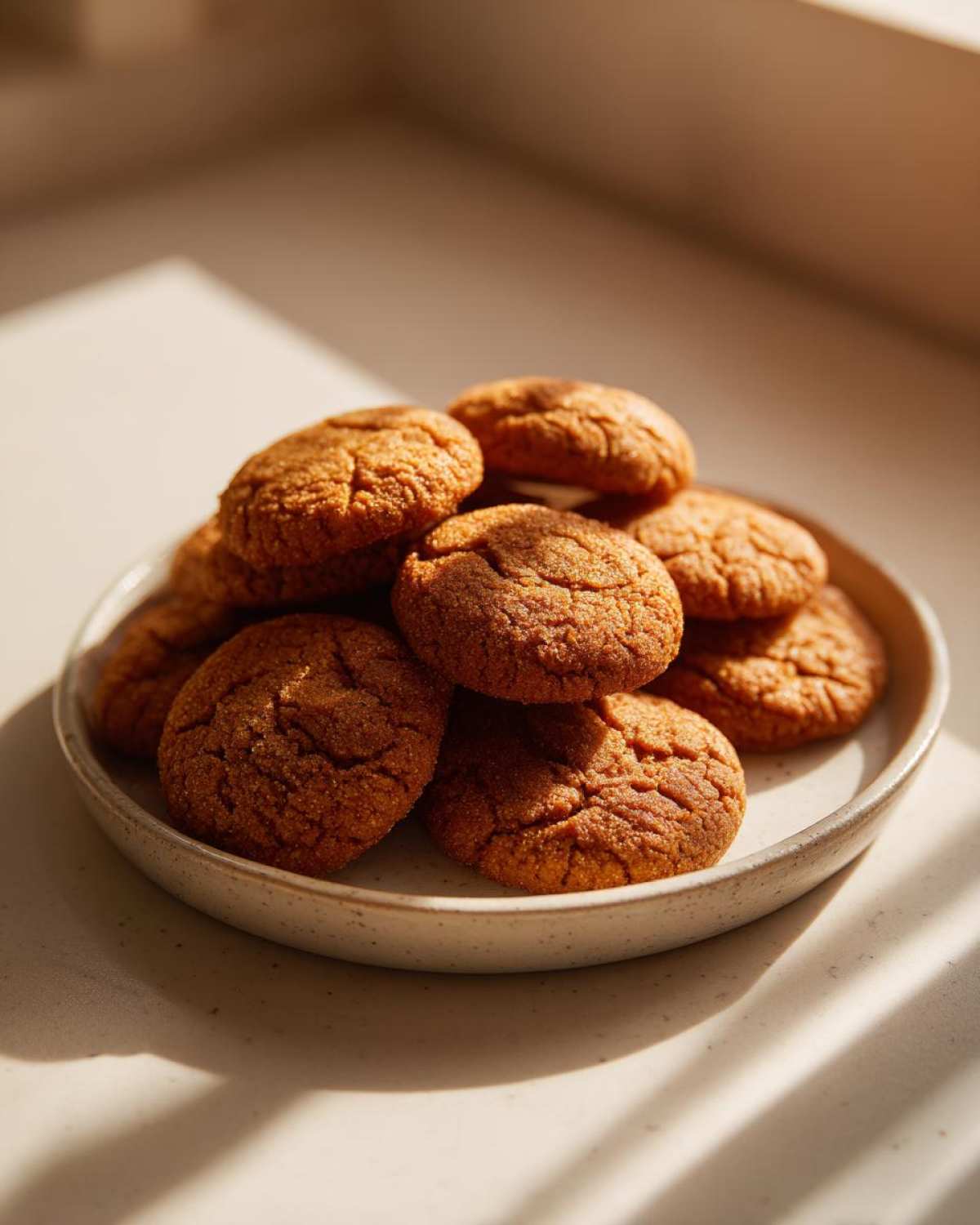 A warm stack of soft, crinkly persimmon cookies piled high on a speckled ceramic plate, bathed in sunlight.