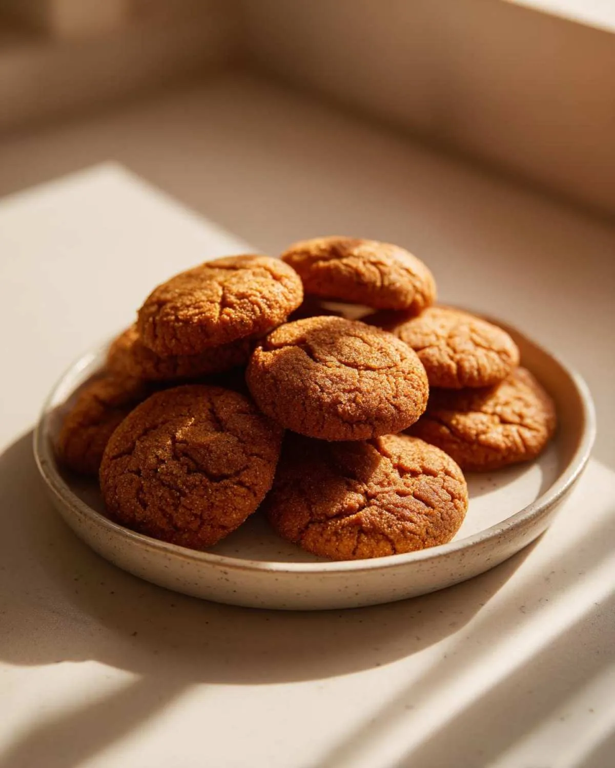 A warm stack of soft, crinkly persimmon cookies piled high on a speckled ceramic plate, bathed in sunlight.