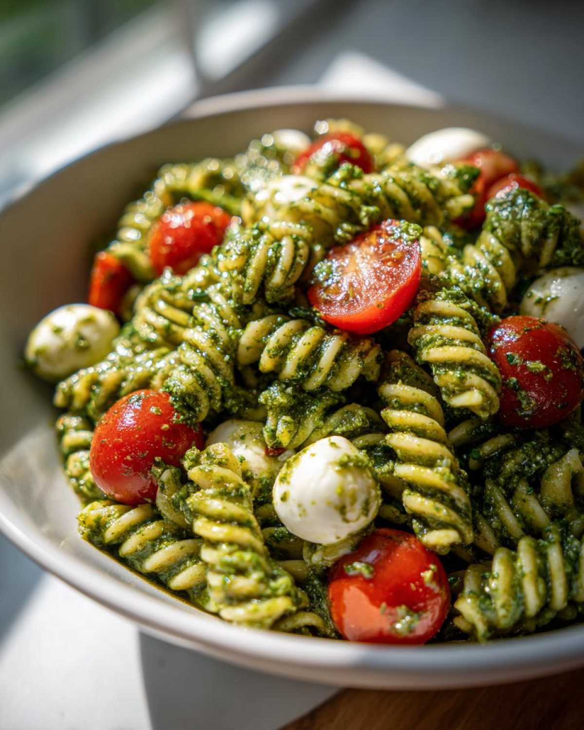 A close-up bowl of vibrant pesto pasta salad featuring fusilli pasta coated in green pesto, cherry tomatoes, and small mozzarella balls.